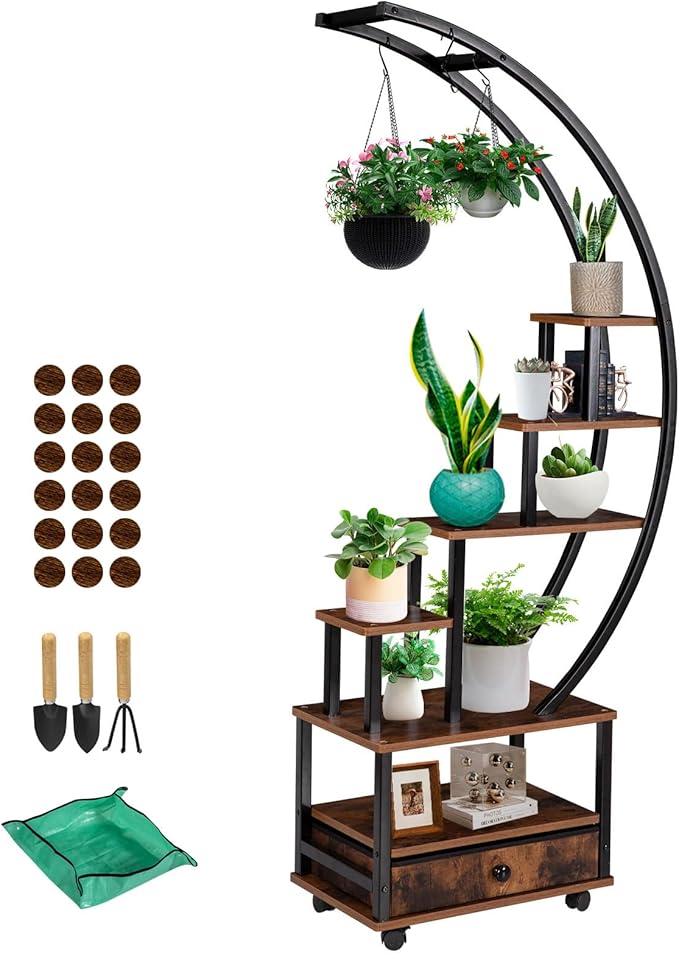7-Tier Half Moon Indoor Plant Stand with Lockable Wheels, 71” Tall Plant Shelf with Drawer & Accessories, Plant Holder Display Rack for Multi-plants, Large Plant Rack for Patio Balcony Living Room (Half Moon)