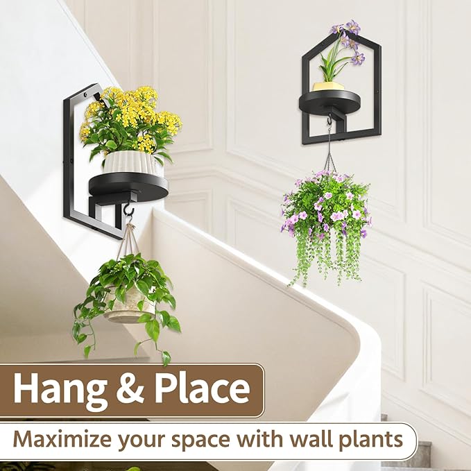 LASZOLA 3 Pcs Black Wall Mount Plant Shelves with Hangers for Indoor Flower, Heavy Duty Metal Window Floating Planter Holders Stand, Iron Modern Picture Frame Decorative for Bathroom Kitchen with Hook