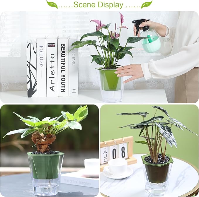 Oliz Self Watering Planter 5 Pcs, 4.5 Inch Flower Plant Pot with Transparent Inner Pot, Gardening Flowerpot with Watering Can, Indoor Self Watering Planter Pot for Herbs, Flowers (Green)