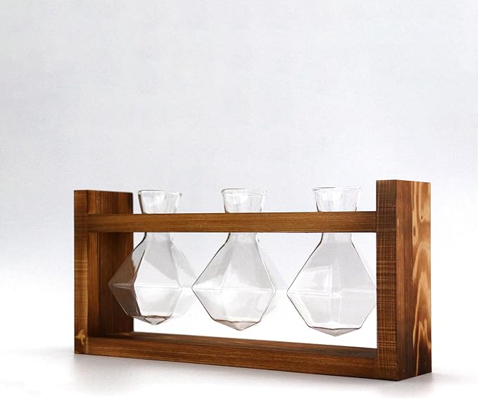 Wooden Base Glass Vase - Plant Holder & Propagation Station for Hydroponic Plants, Desktop Terrarium with Wooden Stand, Stylish Home & Office Décor, Great Gift for Plant Enthusiasts (YMFLX-3B)