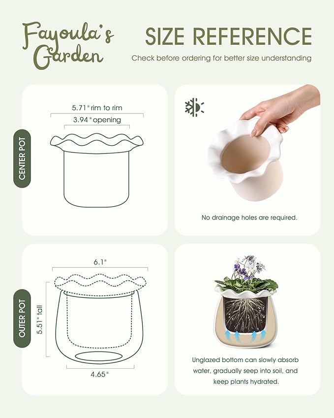 Fayoula Self Watering Plant Pot, 6 Inch African Violet Pots Maintenance, Ceramic Self-Watering Planter for Indoor Plants - Ideal Flower Pot for Thriving Indoor Gardens, White