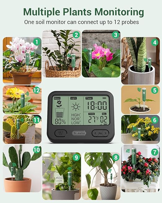 Dr.meter 4-in-1 Soil Moisture Meter, 300ft Wireless Soil Tester Sensor, Temperature/Light/Time/Soil Hygrometer Monitor with Digital LCD Display for Indoor Outdoor Plants, Garden, Lawn, Gardening Gifts