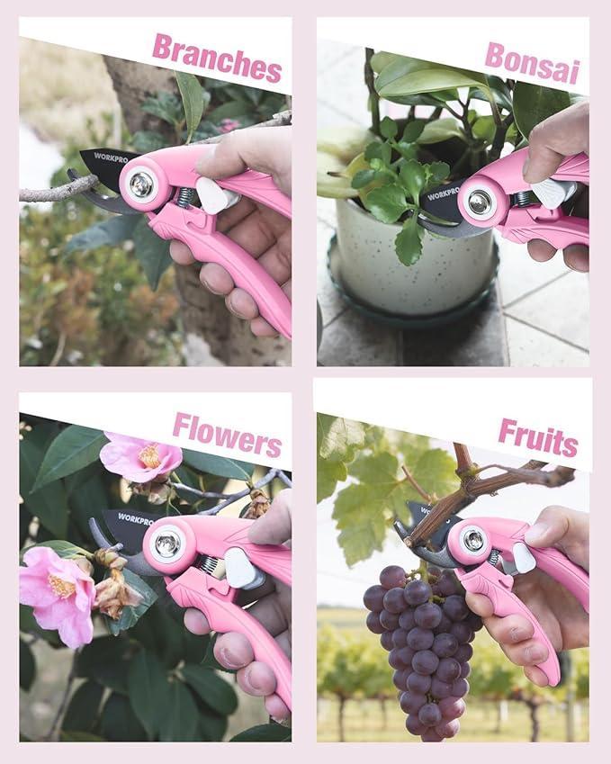 WORKPRO 6.9" Bypass Pruning Shears, Gardening Scissors with Sharp SK5 Steel Blade, Handheld Garden Floral Clippers for Rose, Plants, Flowers, Fruits Tree, Gardening Gifts for Women & Men-Pink Ribbon
