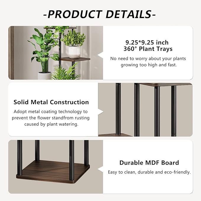 AZERPIAN Plant Stand 6 Tier Indoor Metal Flower Shelf for Multiple Plants Corner Tall Flower Holders for Patio Garden Living Room Balcony Bedroom, Black Oak