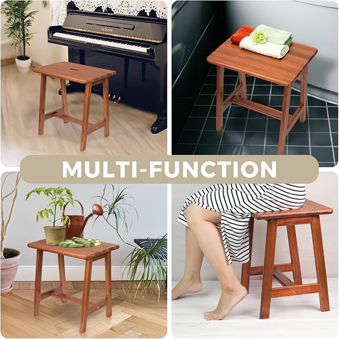 Rectangular Acacia Wood Stool (16.7"D x 13"W x 17.7"H) - Small Bench Seat, End Table, Bathroom, Plant, Makeup Stool - Perfect for Living Room, Bathroom (Light Brown)