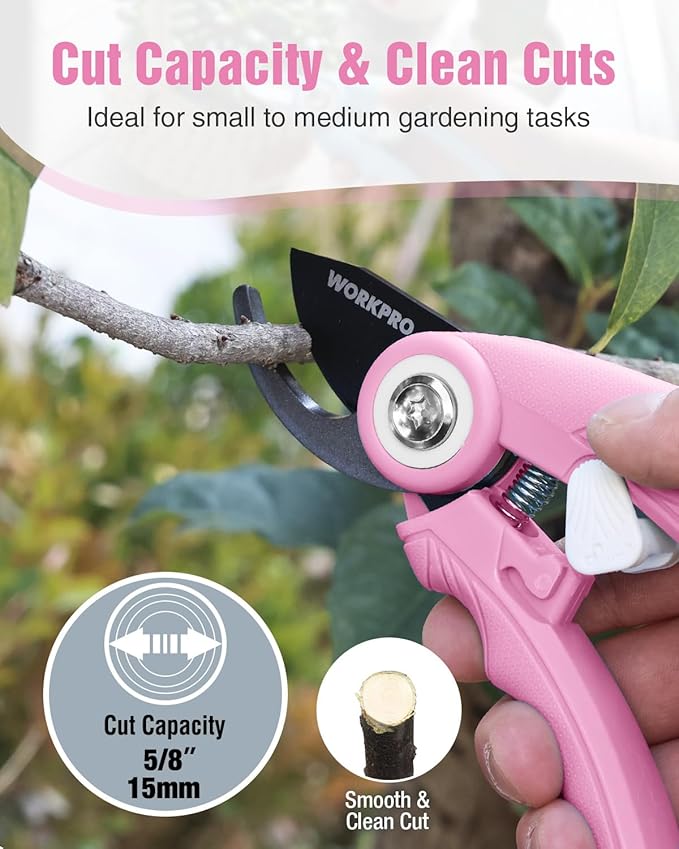WORKPRO 6.9" Bypass Pruning Shears, Gardening Scissors with Sharp SK5 Steel Blade, Handheld Garden Floral Clippers for Rose, Plants, Flowers, Fruits Tree, Gardening Gifts for Women & Men-Pink Ribbon