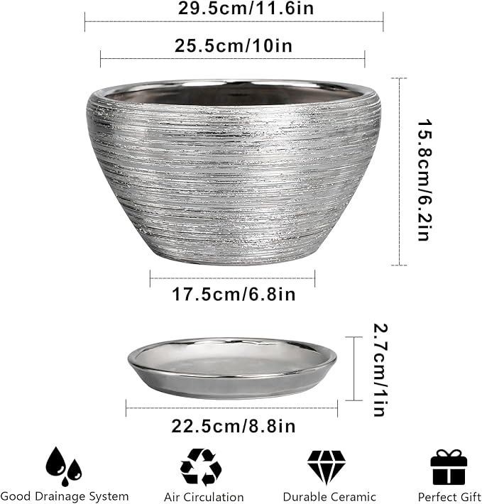 Ceramicfor Flower Pot for Indoor Plants - Ceramic Planter 11 Inch Plant Pot with Drainage Hole and Saucer Large Decorative Planter Outdoor Mid-Century Planter for House Decor Silver