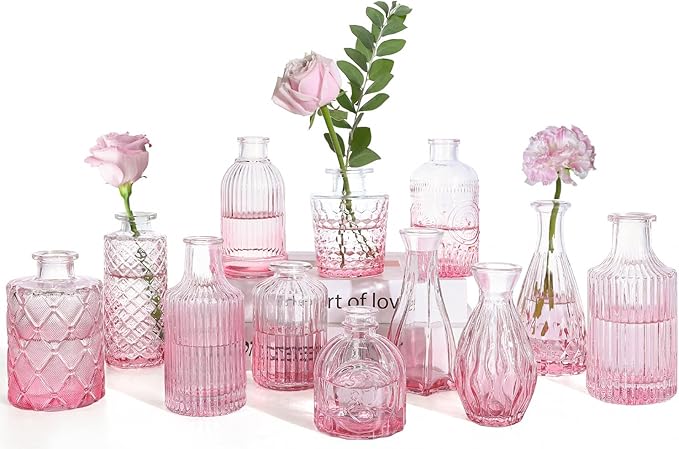 TBWIND Pink Glass Bud Vases Set of 12, Vintage Mini Vases for Centerpieces, Glass Bud Vase in Bulk for Wedding Decor, Single Flowers, Office and Home Table Flower Décor