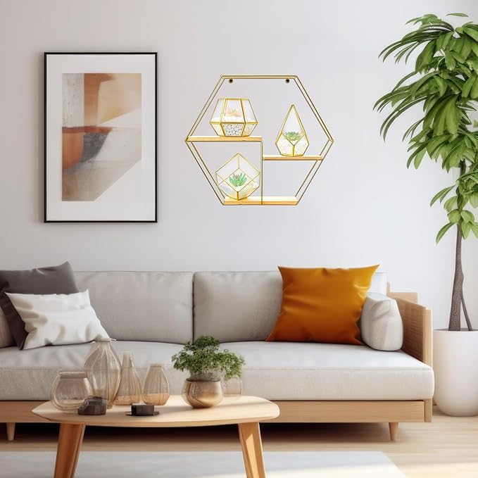 CroBlissful Hexagonal Decorative Metal Wall Shelves Include 3 Pcs Small Open Terrarium Planter Hexagonal Floating Wall Mounted Shelves for Bedroom Living Room Hallway Office Decor