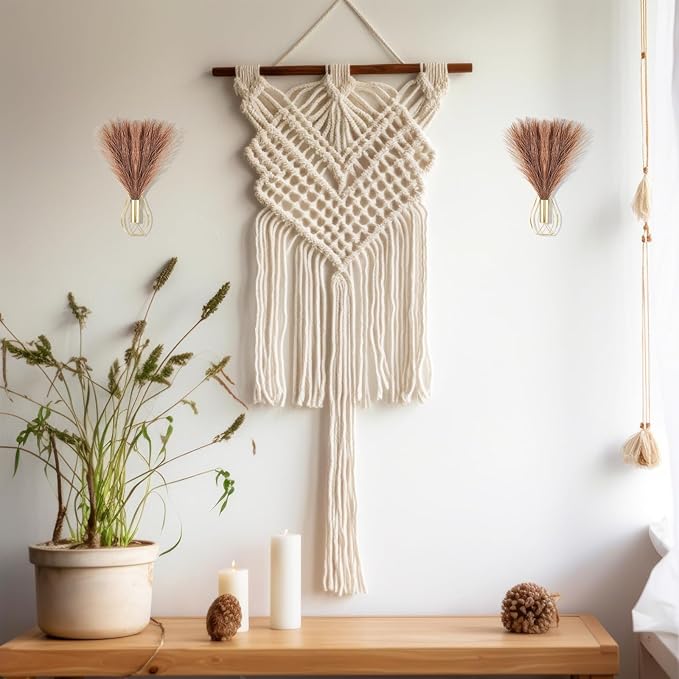 Otoolling 2 Pieces Hanging Plant Wall Decor with Artificial Pampas Grass Metal Hanging Vase Modern Geometric Farmhouse Bohemian Wall Art for Living Room Bedroom Kitchen Office(Gold, Brown)
