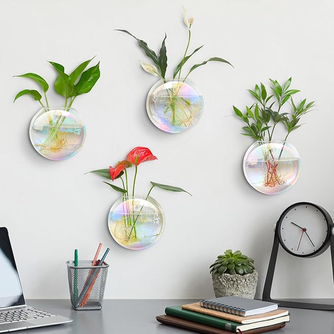 Kingbuy Wall Hanging Glass Planters Propagation Station - 4 Pack Iridescent Oblate Globe Flower Vases for Air Plants, Glass Terrariums with Floating Holders, Boho Indoor Hydroponic Home Office Decor