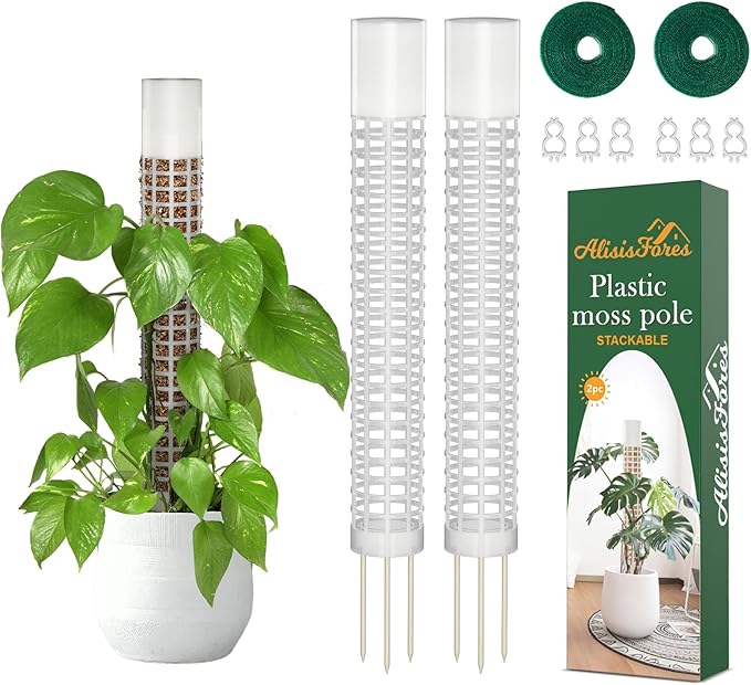 AlisisFores 2 Pcs Plastic Moss Pole for Monstera, Large Cylindrical Shape Poles for Climbing Plants Work with Sphagnum Moss, 17.5 Inch linkable Plant Stake Set of 2, Garden Ties