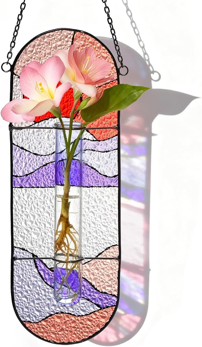 Stained Glass Plant Propagation Stations - Handmade Sunshine Catcher Hydroponic Planter Window Hanging with Glass Tubes, Terrarium Decor Gifts for Women Mom Plant Lovers, Red