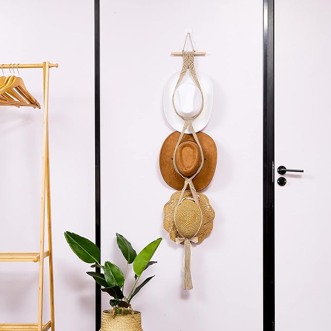 Yulejo Macrame Hat Hangers Boho Hat Rack Cowboy Hat Hanger Back of Door Hat Organizer (Beige,Three Hats Style)