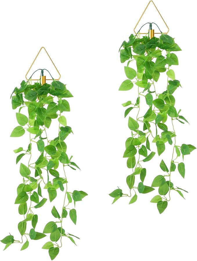 Jexine 2 Pcs Boho Wall Decor Gold Hanging Planters with Artificial Plants Wall Art Mounted Metal Home Decor Display Bedroom Bathroom Living Room(Pothos)