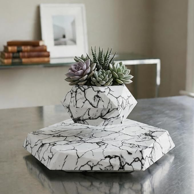 Marble Nursery Pot - Floating Planter for Succulents, Indoor Decor, 360° Sunlight Exposure (9.45 x 9.85 x 7.09 inches)