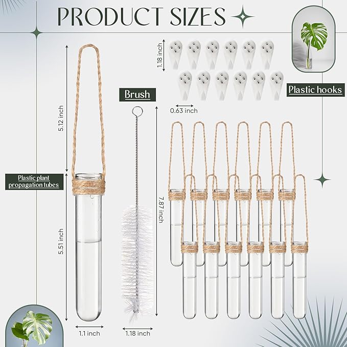 Baderke 12 Pack Plastic Hanging Propagation Tubes Propagation Station Vases Wall Hanging Plant Vase for Planters Hydroponic Office Garden Flowers Decor Lover Gift (Natural Color)