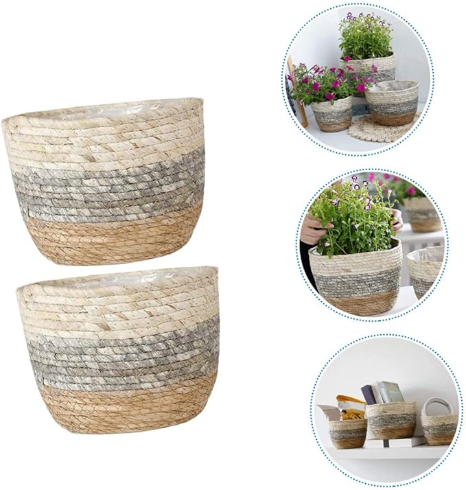 Angoily 2pcs Flower Basket Small Planter Rattan Baskets for Storage Rustic Plant Seagrass Plant Pot Wicker Planter Straw Woven s Weaving s Desktop
