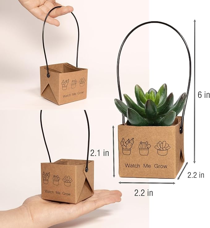 100Pcs Watch Me Grow Succulent Wrap, Fits 2 Inch Pots Succulent Wrap Bag with Plastic Handle Kraft Paper Sleeve SucculentTags for Shower Party Favors Ideas(100PCS)