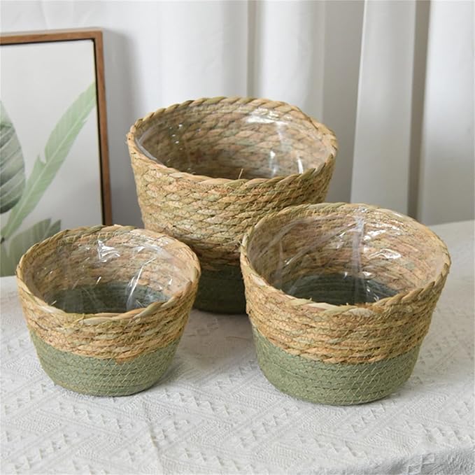 Seagrass Planter Basket Small Size Wicker Storage Basket with Plastic Liner Hand Woven Rattan Flower Pot Rustic Boho Plants Container for Home Farmhouse Indoor Outdoor (Small)