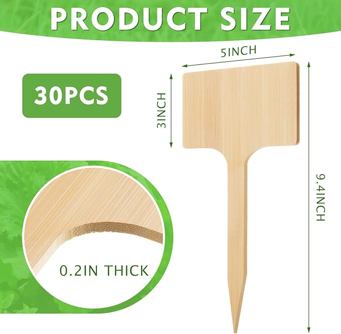 Hicarer 30 Pcs 9.4" x 5" Extra Large Bamboo Garden Markers, Natural Wood T-Type Large Plant Labels for Herbs, Flowers & Vegetables – Easy to Read Full-Size Tags for Garden Outdoor