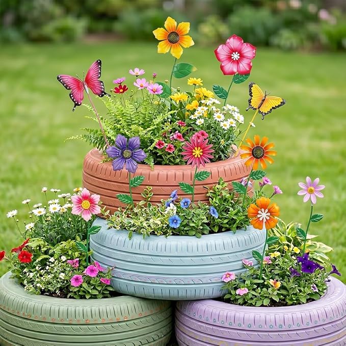 hogardeck Garden Decor for Outside, Set of 10 Metal Flowers Decorative Garden Stakes for Spring Decor, Yard Art Garden Decorations for Outdoor Lawn Porch Pathway (Multi-Color) (Color b)