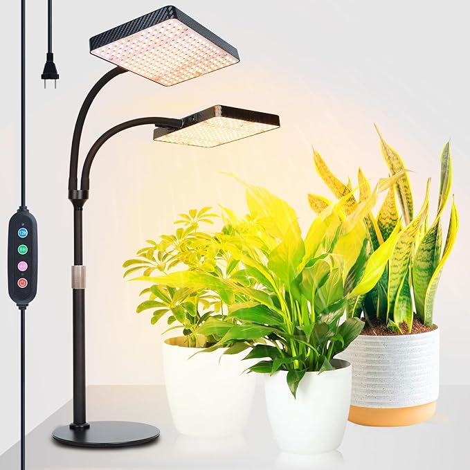 2026 2Head Desk Grow Light, Big Coverage Tabletop Grow Lights for Indoor Plants, Bonsai, Seed Starting, 4/8/12/16/20H Timer, 50 Watt Power Draw, NO Need Adapter, 16"-24" Height Adjustable
