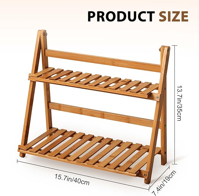 Yalikop Matcha Station Shelf,15.7'' Coffee Station Organizer, 2 Tiers Bamboo Mug Holder Countertop,Desktop Flower Pot Rack for Home Living Room Window Sill Foldable Display Storage Shelf (Brown)