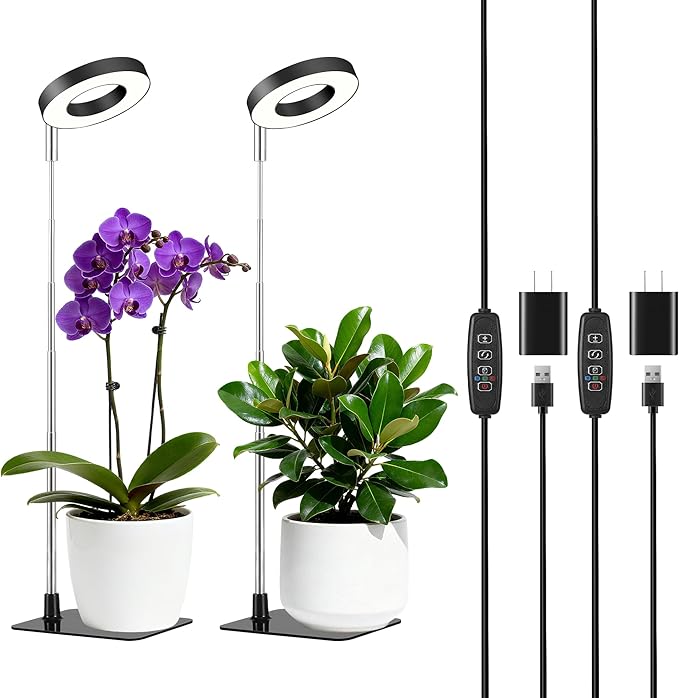 48 LEDs Full Spectrum Grow Lights for Indoor Plants, Height Adjustable, Small Black Halo Plant Light with Base, 3 Light Modes, 10 Brightness, Auto Timer 3/9/12H, 2 Pack