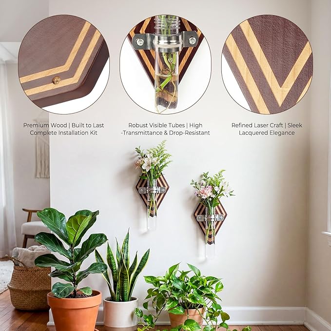 2 Pack Hanging Propagation Stations, Wooden Wall Plant Holder with Terrarium for Hydroponic Cuttings, Decorative Wall Planter for Home Office Decor