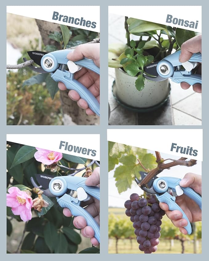 WORKPRO 6.9" Bypass Pruning Shears, Gardening Scissors with Sharp SK5 Steel Blade, Handheld Garden Floral Clippers for Rose, Plants, Flowers, Fruits Trees, Gardening Gifts for Women & Men, Blue