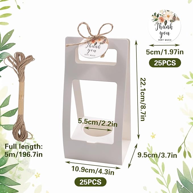 25 PCS White Succulent Wrap Bags for Wedding, Kraft Paper Gift Bags with Thank You Cards and Handle for 2.17'' Pots, Paintable Succulent Plants Holder for Party Favors (Pots and Plant Not Included)