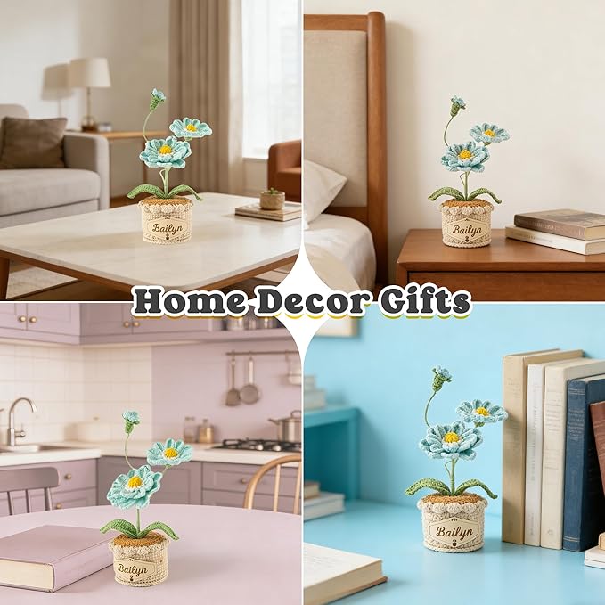 Crochet Flowers with Personalized Leather Name Tag Handmade Knitted Flowers for Home Office Desk Decor Crochet Zinnia Potted Plant for Women Crochet Everlasting Flower Birthday Gifts(Blue)