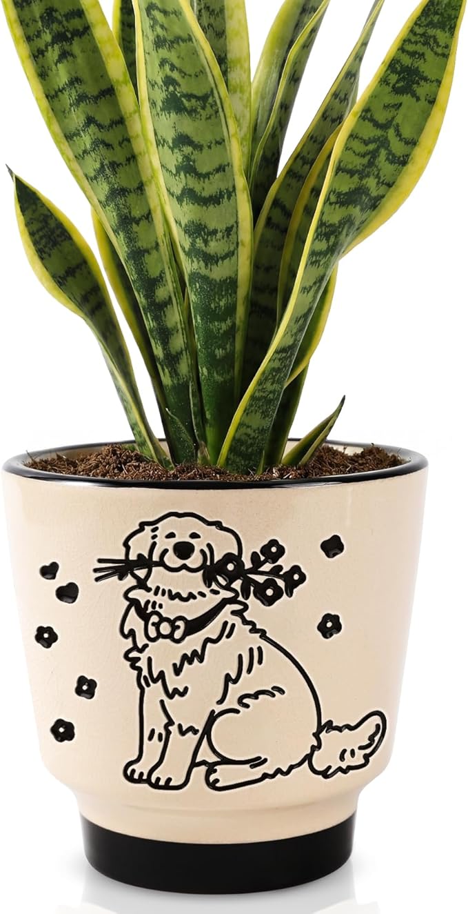 STHIE 5 inch Ceramic Plant Pot, Round Planters for Indoor Plants with Drainage Hole, Ice Crack Decorative Flower Pot, Cute Planters for Snake Plant (Flower Dog)