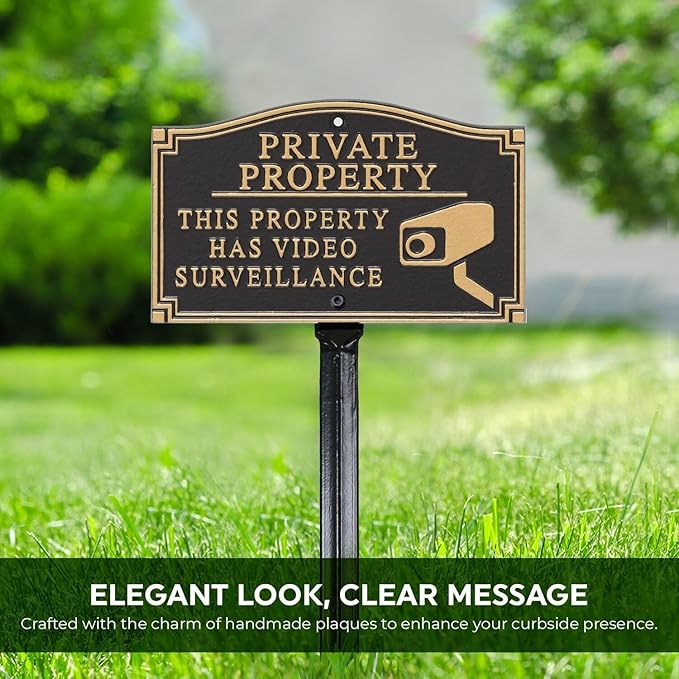 SmartSign “Private Property - This Property Has Video Surveillance” GardenBoss Statement Plaque | 5.75" x 9.5" Aluminum Plaque with 18" Black Lawn Stake, Made in USA