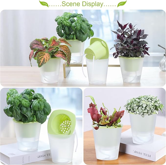 Oliz Self Watering Planter 8 Pcs,4.3 Inch Flower Plant Pot with Inner Pot, Indoor Self Watering Planter Pot for Herbs, Flowers (Green)