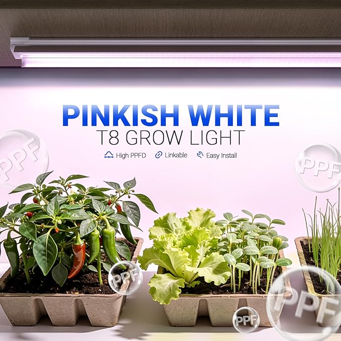 Barrina 4FT T8 Plant Grow Light, 252W(6 x 42W, 1400W Equivalent), Full Spectrum, LED Growing Lamp Fixture for Indoor Plant Growing, with ON/Off Switch & V-Shaped Reflector, Pinkish White, 6-Pack