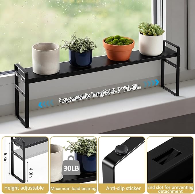 2 Pcs Expandable Window Sill Plant Shelf, 13.7 x 3.5 x 7.28 Inches, Stackable Narrow over The Sink Shelf, Adjustable Height Metal Window Sill Extender Shelves for Kitchen Bathroom (Black)