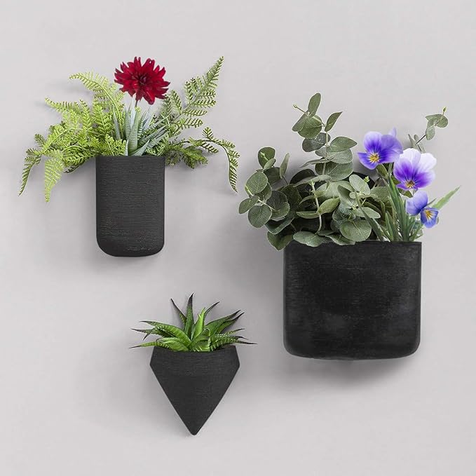 Resin Planters Geometric Wall Planters Indoor Plant Pots Colorful Wall-Mounted Flower Pots Vertical Plant Container Air Plant Holder Wall Vase for Cactus Succulents Herbs and More … (3 Black)