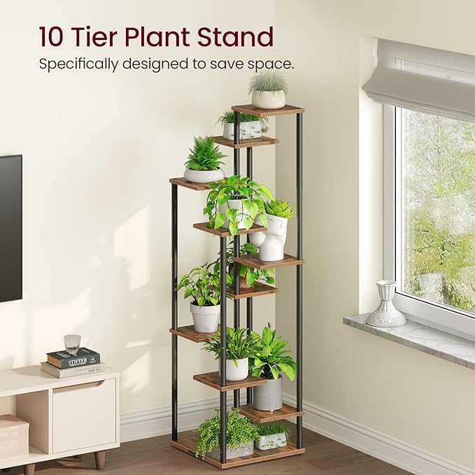 Yzosvki 10 Tier Plant Stand Indoor, Tiered Corner Plant Shelf Flower Stand for Living Room, Balcony, Patio, Garden, Rustic Brown