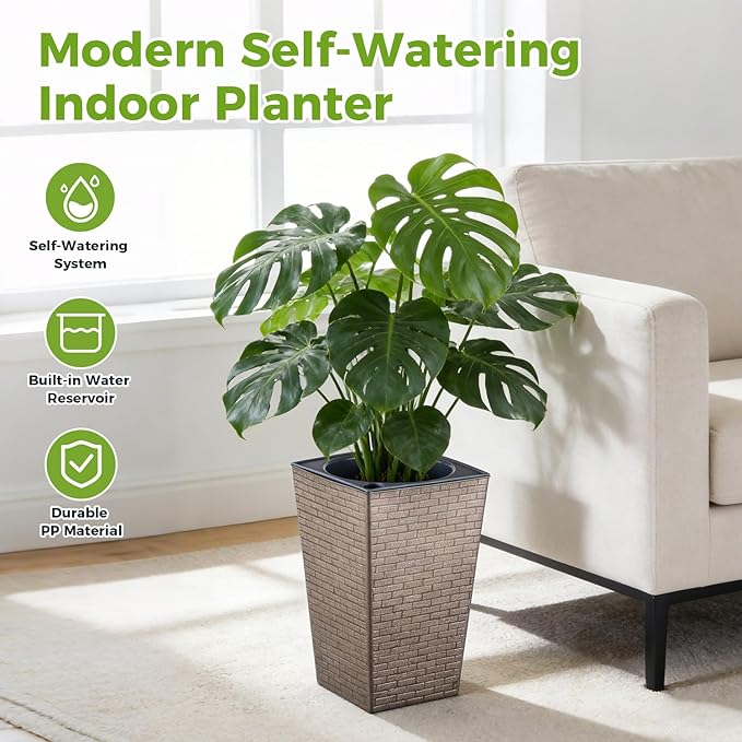 Self Watering Pots for Indoor Plants, 2 Pack Flower Pots Self Watering Planter 10.7" x 6.9" Plastic Pots African Violet Wick and Grow Pots Tall Orchid pots Square Large Plant Pots, Bronze