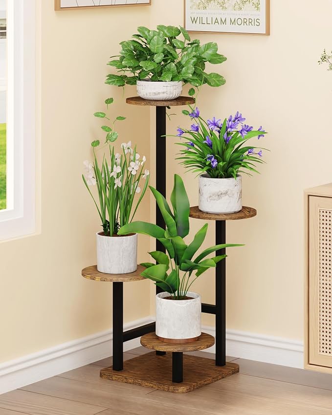 Homsorout Plant Stand Indoor - 4 Tiered Indoor Plant Stand, Metal Plant Shelf Plant Holder, Ideal for Living Room, Garden, Patio, Balcony (Black Brown)