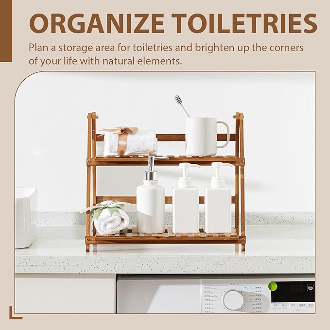 Yalikop Matcha Station Shelf,15.7'' Coffee Station Organizer, 2 Tiers Bamboo Mug Holder Countertop,Desktop Flower Pot Rack for Home Living Room Window Sill Foldable Display Storage Shelf (Brown)