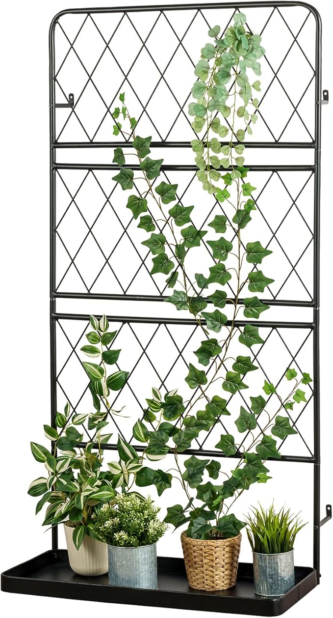 MyGift 4.5 ft Tall Garden Trellis Stand for Climbing Plants, Wall Mounted or Freestanding Black Metal Wire Diamond Lattice Plant Support Frame with Bottom Tray Planter Holder