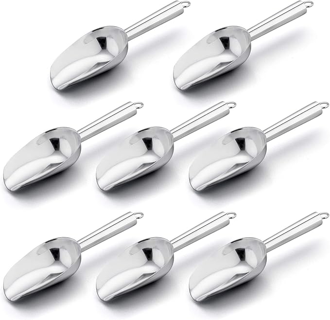 Mini Scoop Set of 8, E-far 3 Ounce Stainless Steel Scoops for Ice Cube/Candy/Flour/Sugar, Metal Utility Scoops for Weddings, Dessert Buffet, Canisters, Food Grade & Rust Free, Easy Clean & Dishwasher