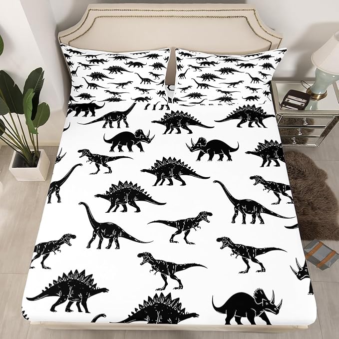 Feelyou Boys Bed Sheet Set Full Size Kids Dinosaur Sheets Soft and Cozy Jungle Animal Pattern Bedding Set for Children Girls Toddler Bedroom White Black Wild Dino Bed Set,Sheets Set
