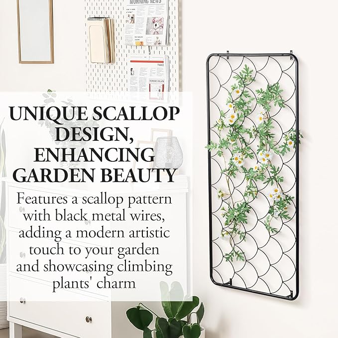MyGift 4 Ft Tall Garden Trellis, Matte Black Metal Wire Trellis with Scale Design, Wall Mounted Scallop Pattern Lattice Support Frame for Climbing Plants and Crawling Vines