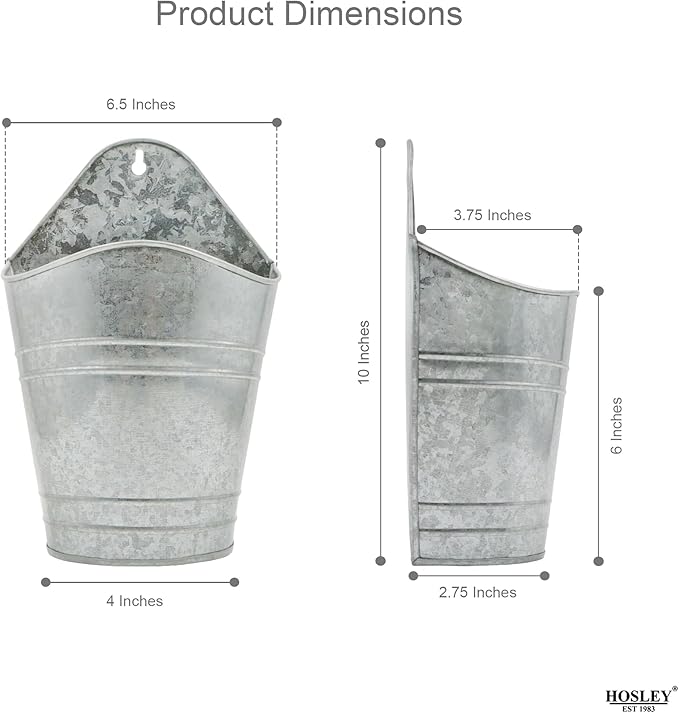 Hosley Set of 2 Galvanized Wall Planters, 10 Inch Hanging Metal Buckets for Indoor Outdoor Garden, Farmhouse Wall Decor, Rustic Patio & Balcony Planter Pots