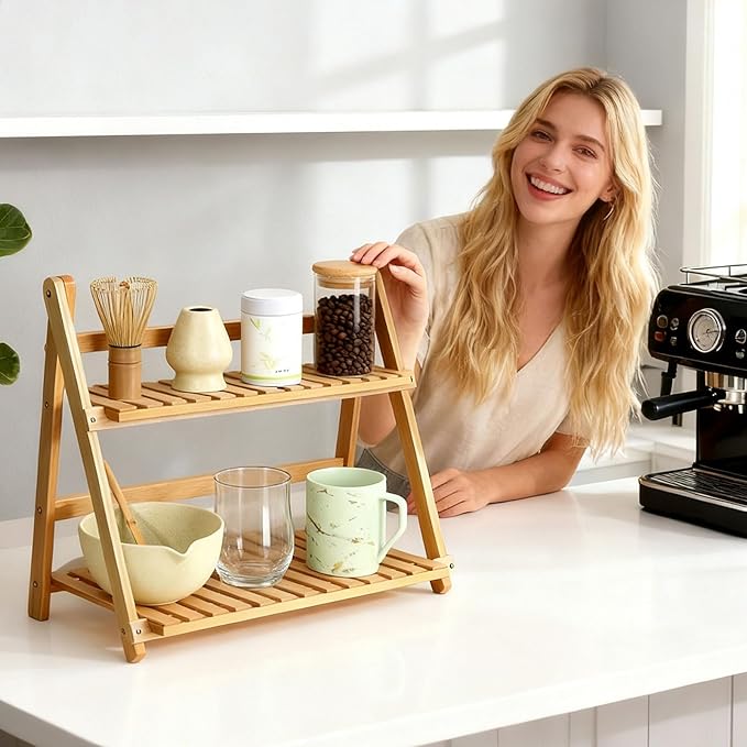Coffee Station Organizer:2 Tier Foldable Bamboo Matcha Station Organizer Shelf,15.8" Countertop Display Rack for Coffee Bar. Desktop Flower Pot Rack for Kitchen,Window Sill,Living Room