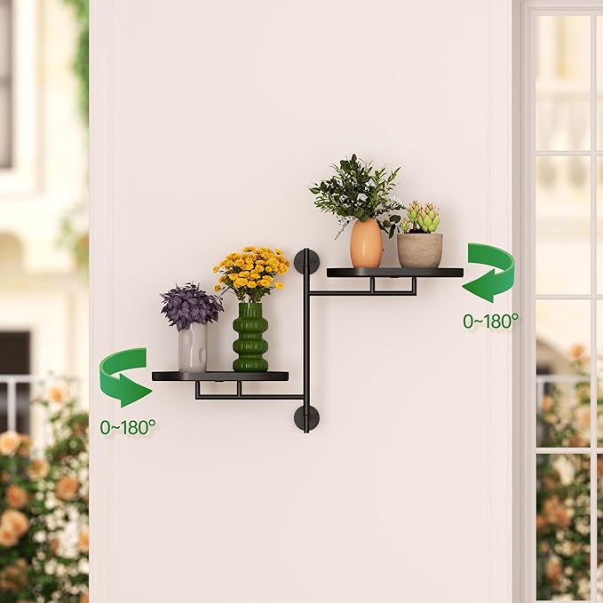 YQSLYSF Window Rotating Plant Stand Shelf Indoor Black Metal Floating Shelves 2-Tier Wall Mount Plant Holders for Living Room Wall Planter Modern Home Decor for Gardening